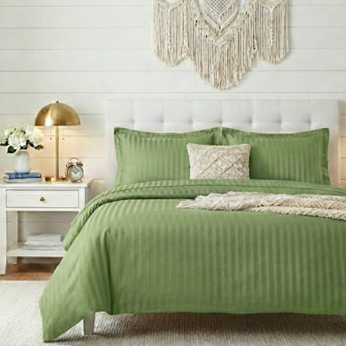 Naksh Stripes Cotton Bedsheet - Moss Green (210 TC)
