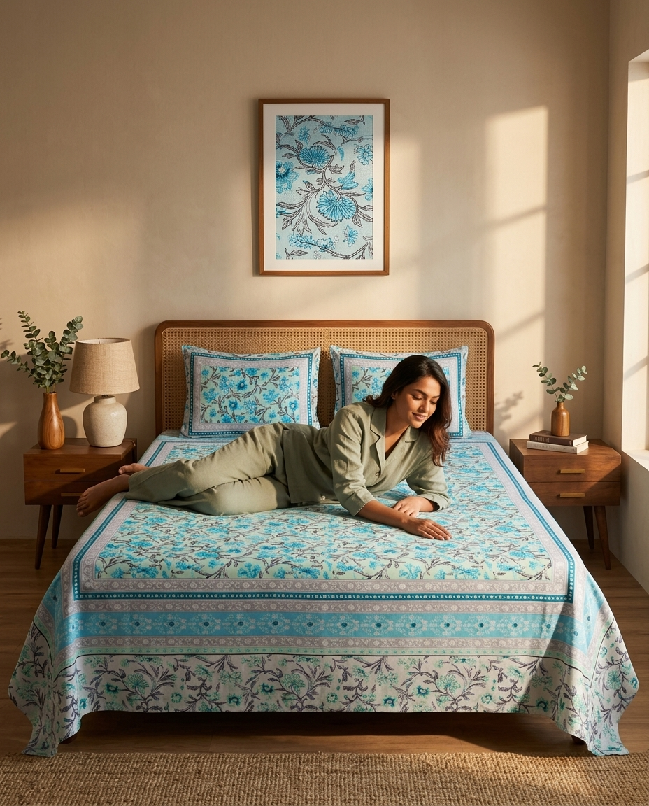 Naksh Royal Sajawat Queen Size Bedsheet - Ocean Blue