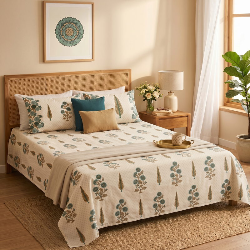 Naksh Royal Sajawat King Size Bedsheet - Botanical Floral (Green)