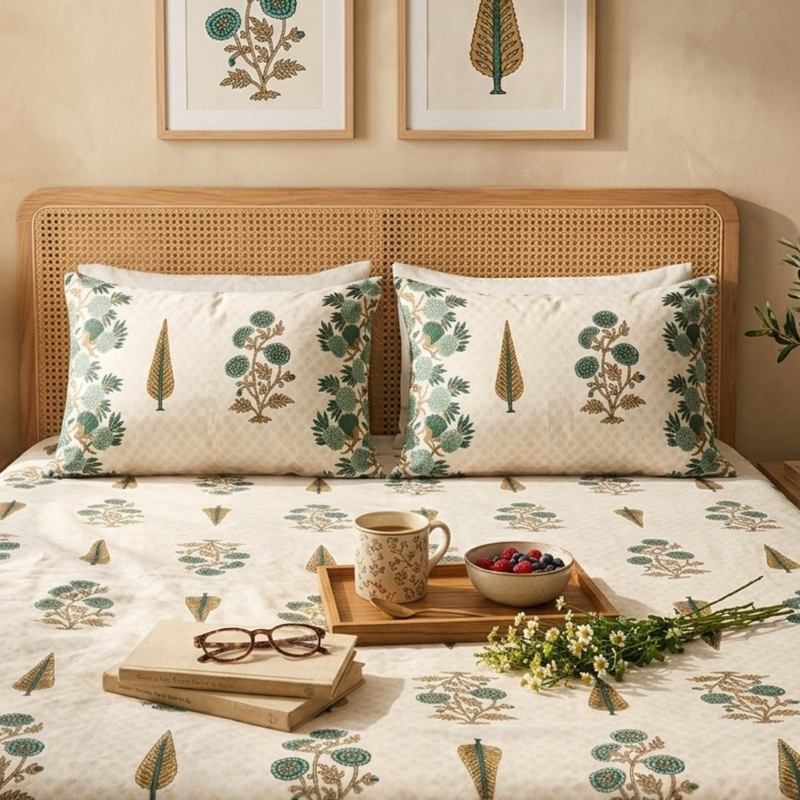 Naksh Royal Sajawat King Size Bedsheet - Botanical Floral (Green)