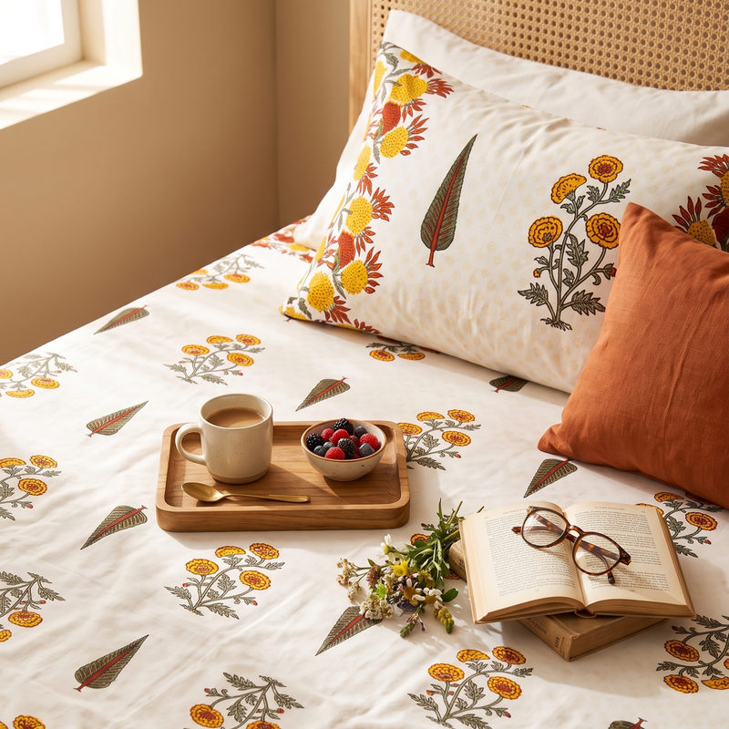 Naksh Royal Sajawat King Size Bedsheet - Marigold Botanical (Orange)