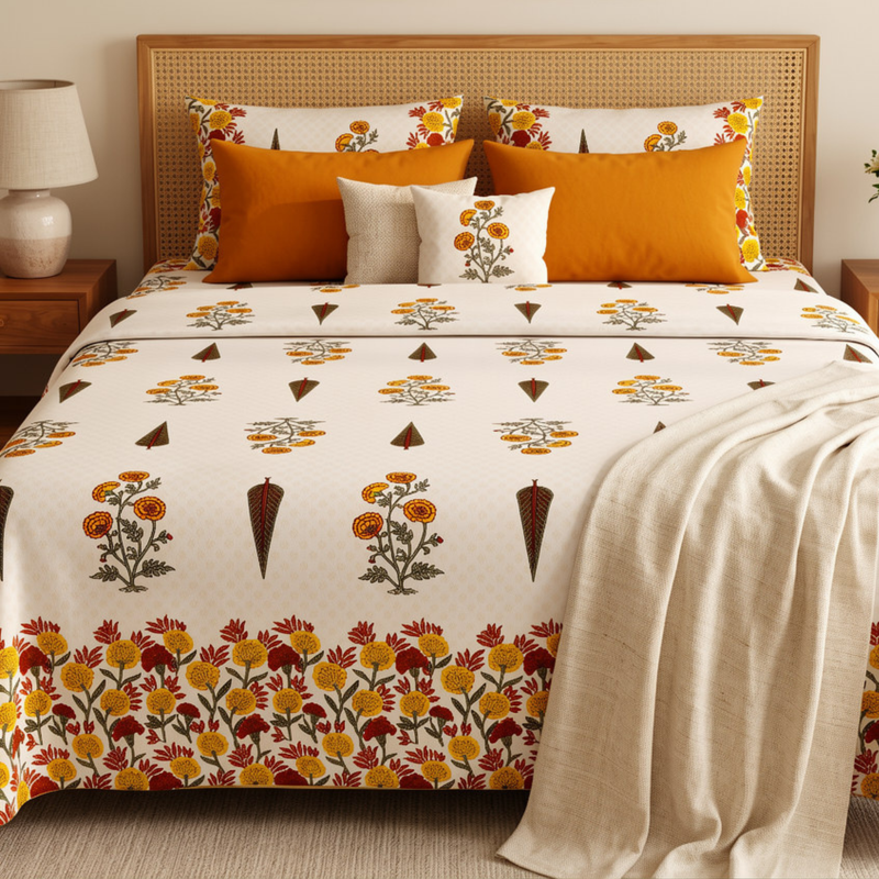 Naksh Royal Sajawat King Size Bedsheet - Marigold Botanical (Orange)