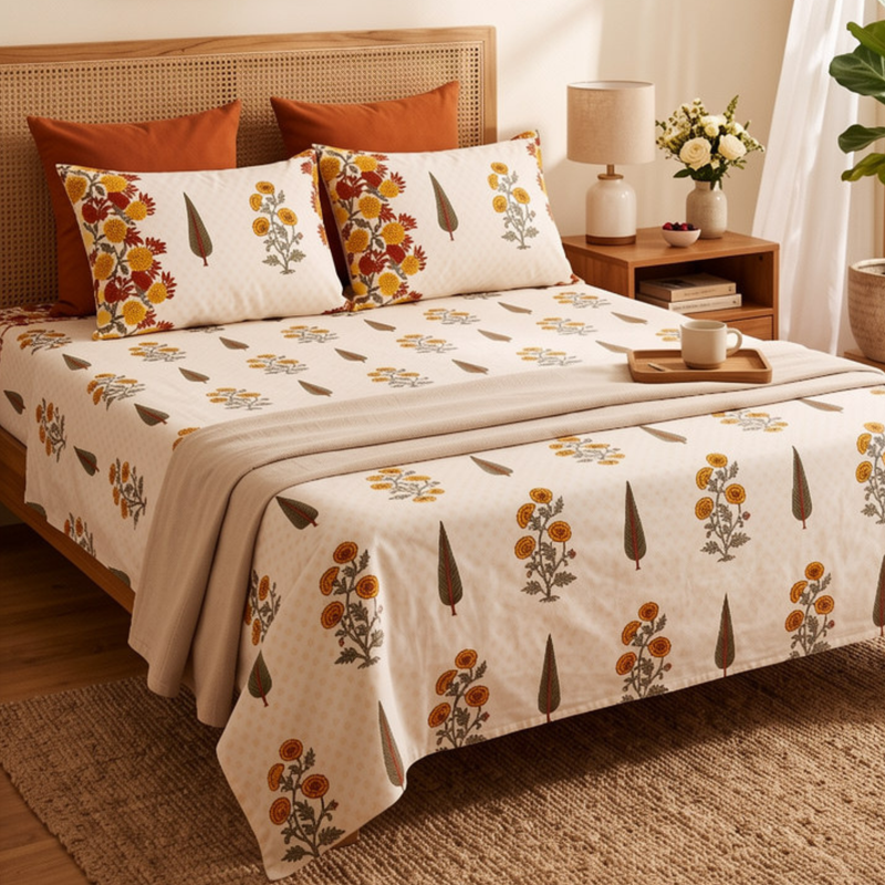 Naksh Royal Sajawat King Size Bedsheet - Marigold Botanical (Orange)