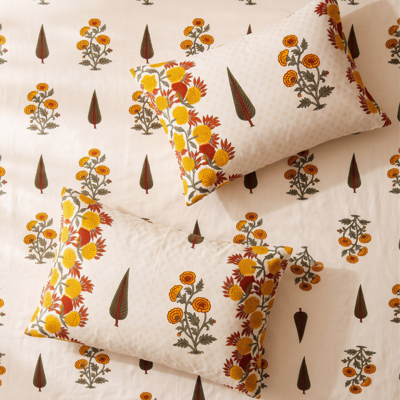 Naksh Royal Sajawat King Size Bedsheet - Marigold Botanical (Orange)