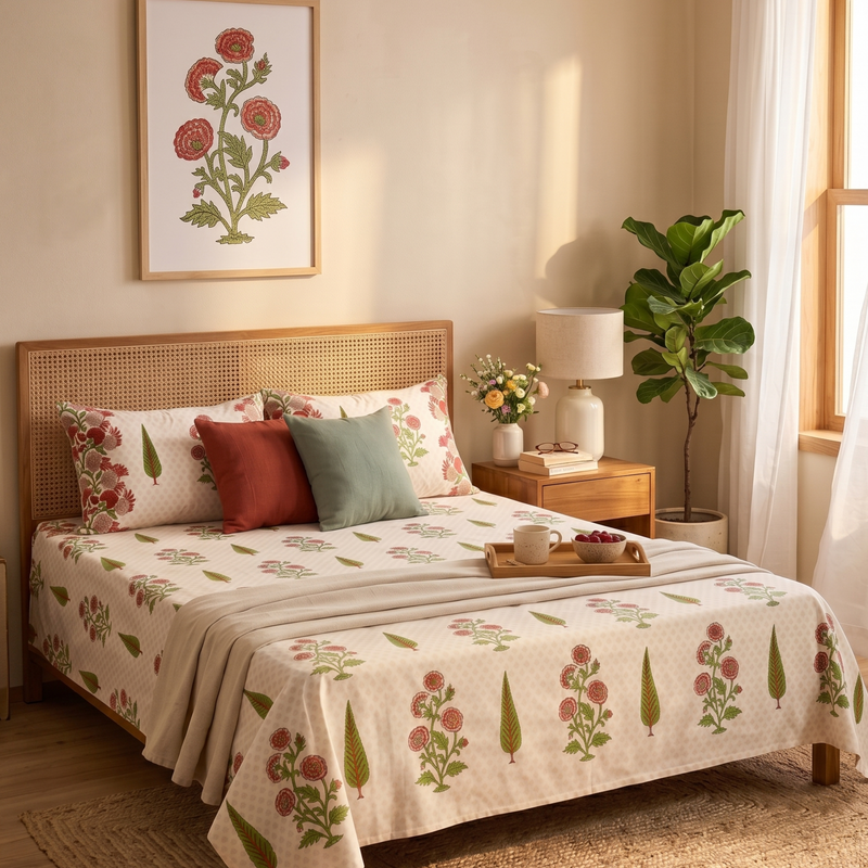Naksh Royal Sajawat King Size Bedsheet - Elegant Pink Floral (Pink)