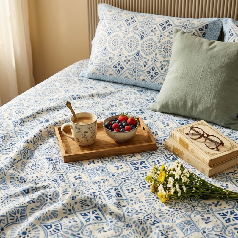 Naksh Royal Sajawat Queen Size Bedsheet - Contemporary Blue Geometric (Blue)