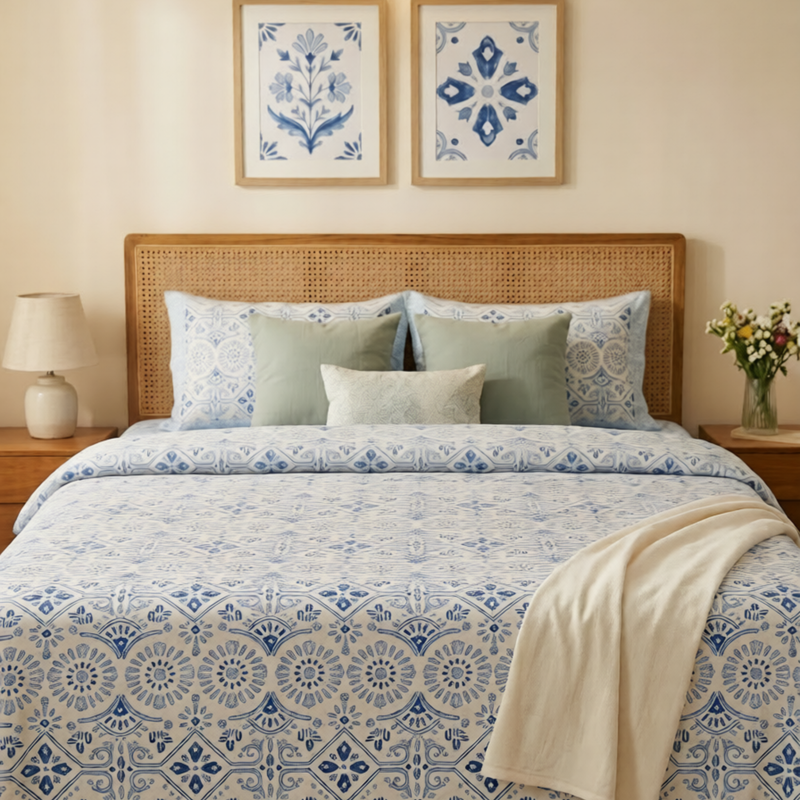 Naksh Royal Sajawat Queen Size Bedsheet - Contemporary Blue Geometric (Blue)
