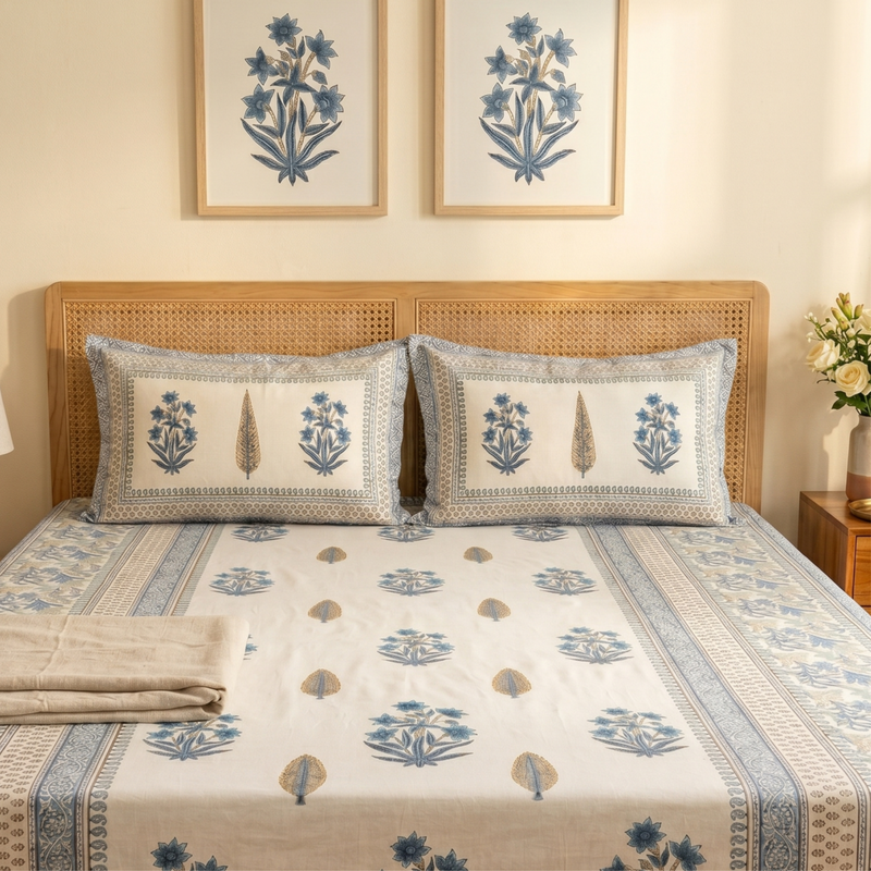 Naksh Royal Sajawat King Size Bedsheet - Blue Floral (Blue)