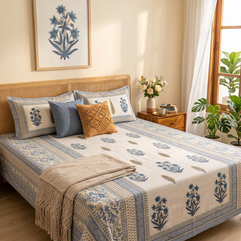 Naksh Royal Sajawat King Size Bedsheet - Blue Floral (Blue)