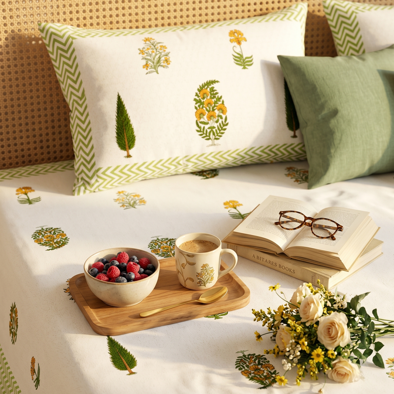 Naksh Royal Sajawat King Size Bedsheet - Minimal Green Botanical (Green 01)