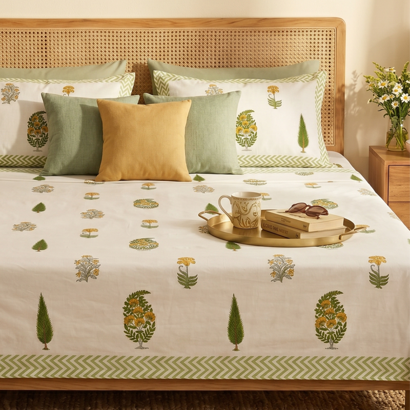 Naksh Royal Sajawat King Size Bedsheet - Minimal Green Botanical (Green 01)