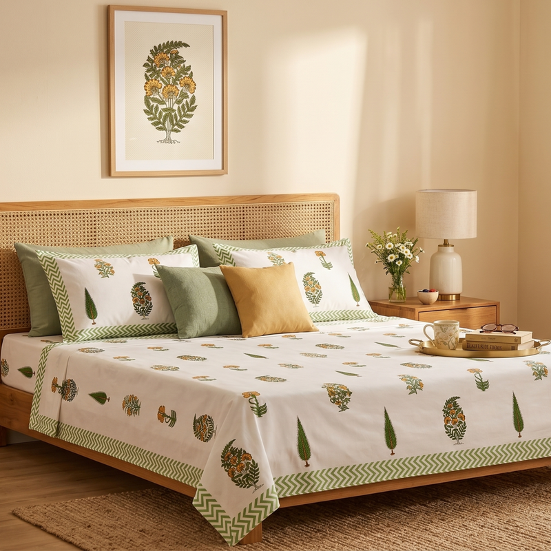 Naksh Royal Sajawat King Size Bedsheet - Minimal Green Botanical (Green 01)