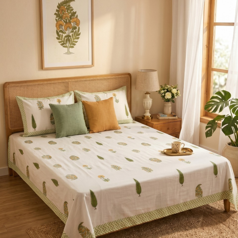Naksh Royal Sajawat King Size Bedsheet - Minimal Green Botanical (Green 01)