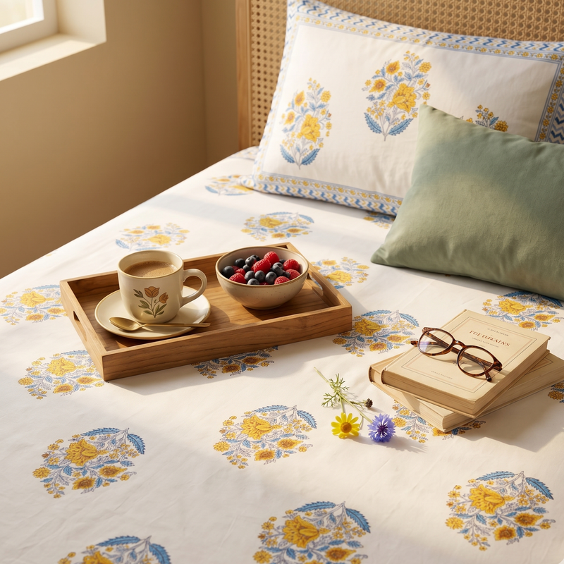 Naksh Royal Sajawat Queen Size Bedsheet - Vintage Mughal Floral (Royal Blue)