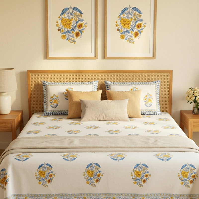 Naksh Royal Sajawat Queen Size Bedsheet - Vintage Mughal Floral (Royal Blue)