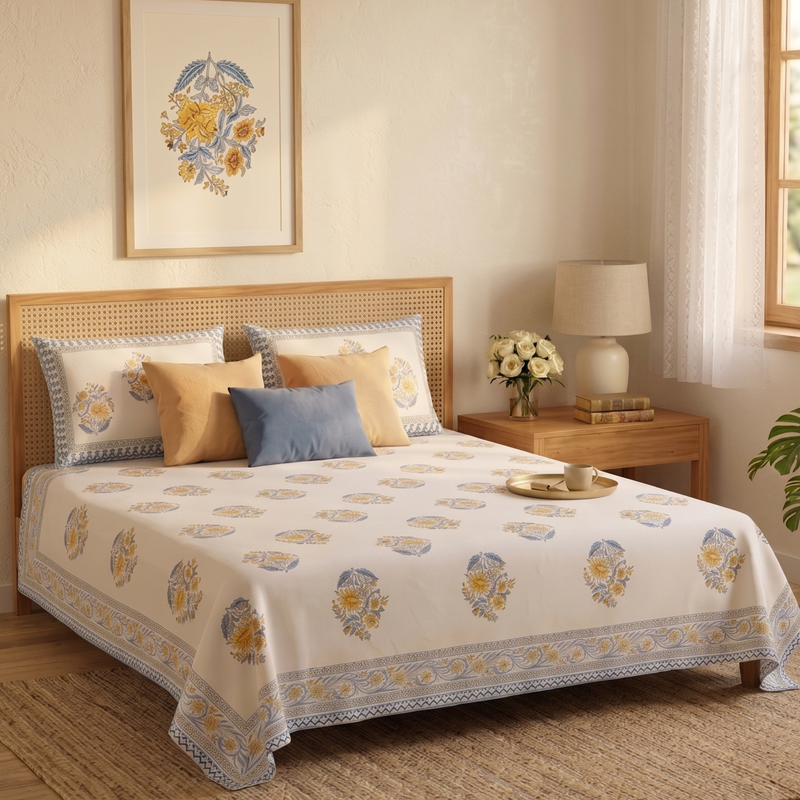 Naksh Royal Sajawat Queen Size Bedsheet - Vintage Mughal Floral (Royal Blue)