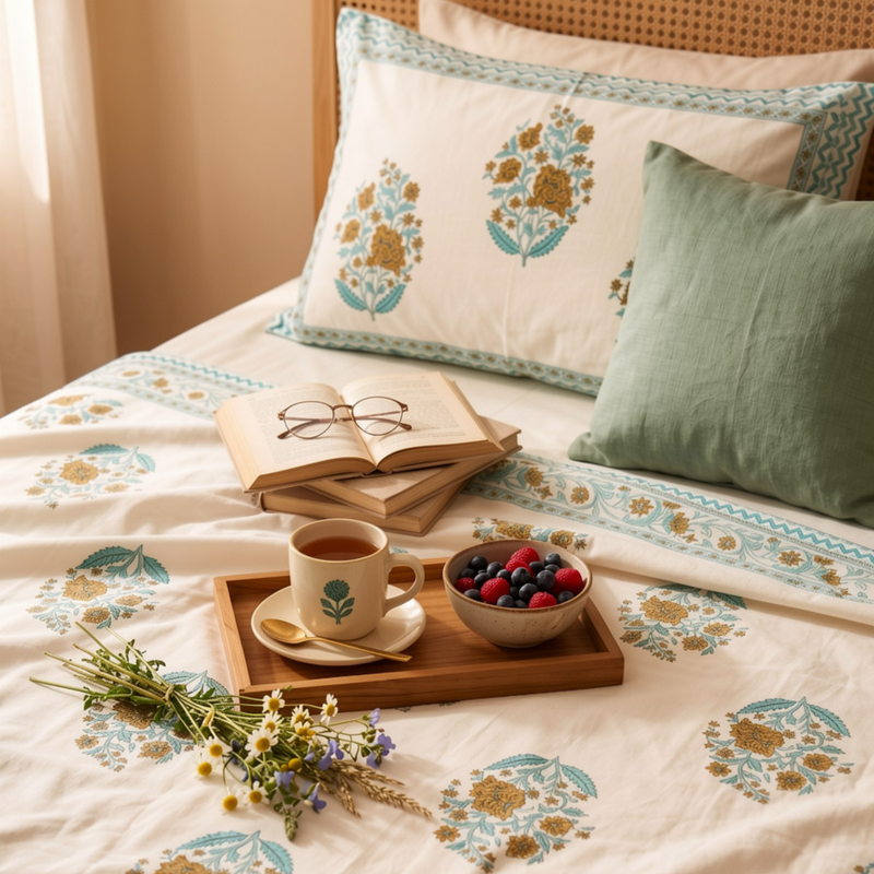 Naksh Royal Sajawat Queen Size Bedsheet - Turquoise Floral (Turquoise Blue)