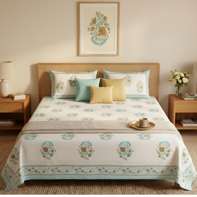 Naksh Royal Sajawat Queen Size Bedsheet - Turquoise Floral (Turquoise Blue)