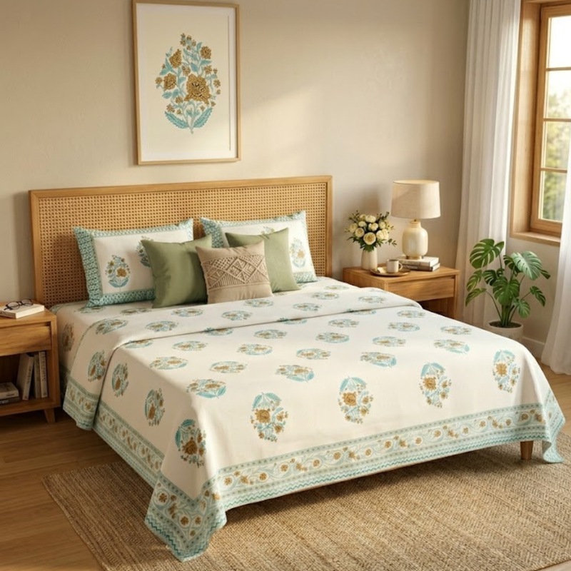 Naksh Royal Sajawat Queen Size Bedsheet - Turquoise Floral (Turquoise Blue)