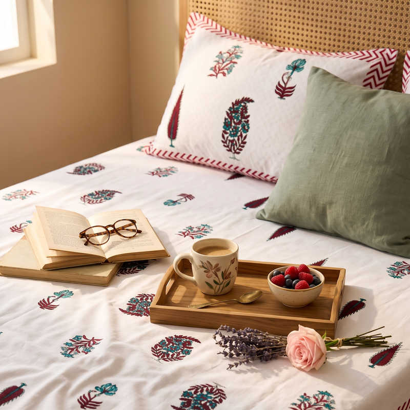 Naksh Royal Sajawat King Size Bedsheet - Crimson Botanical (Royal Crimson)