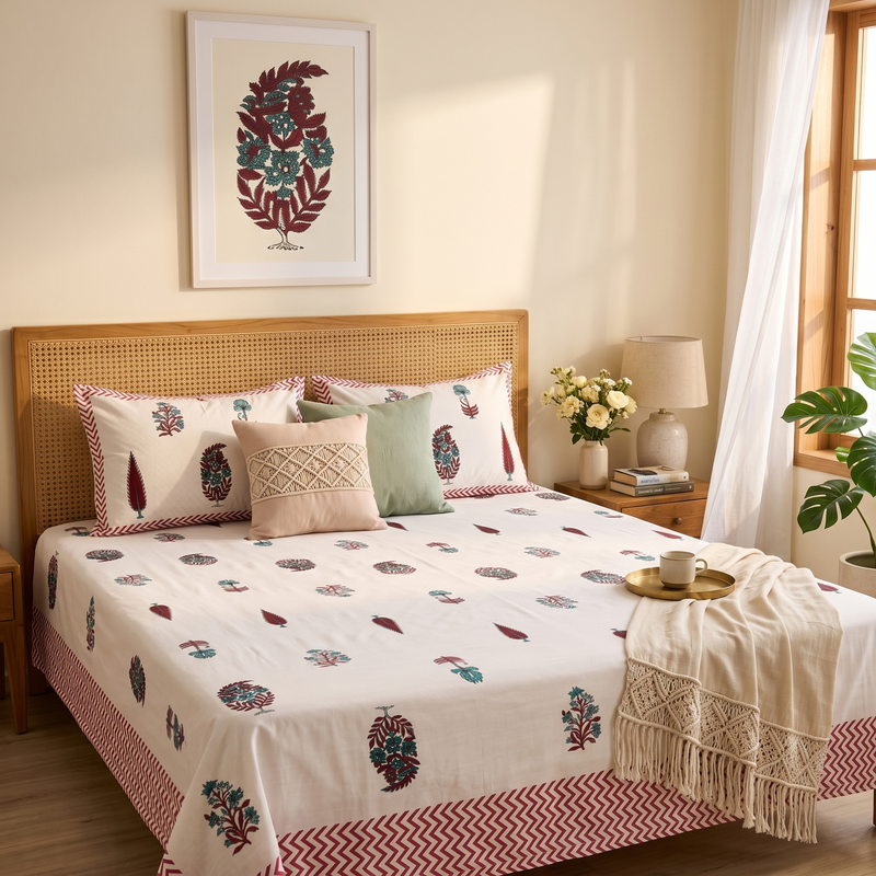 Naksh Royal Sajawat King Size Bedsheet - Crimson Botanical (Royal Crimson)