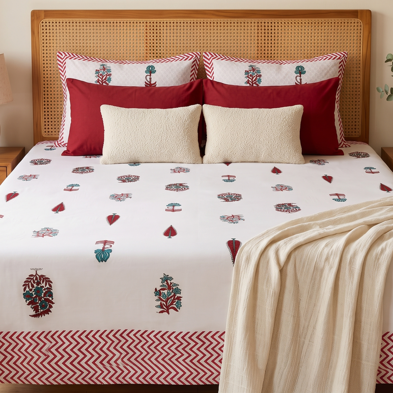 Naksh Royal Sajawat King Size Bedsheet - Crimson Botanical (Royal Crimson)