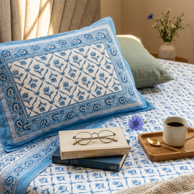 Naksh Royal Sajawat Queen Size Bedsheet - Dusty Blue Lattice Botanical (Dusty Blue)