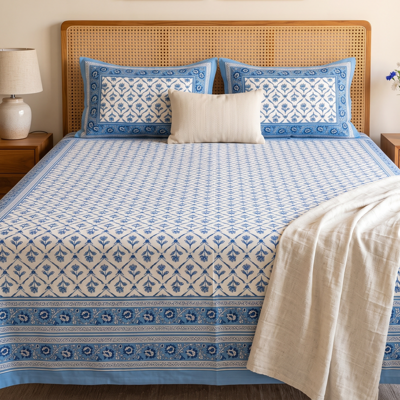 Naksh Royal Sajawat Queen Size Bedsheet - Dusty Blue Lattice Botanical (Dusty Blue)