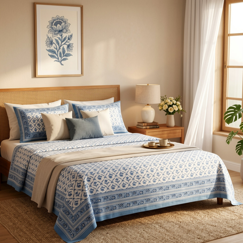 Naksh Royal Sajawat Queen Size Bedsheet - Dusty Blue Lattice Botanical (Dusty Blue)