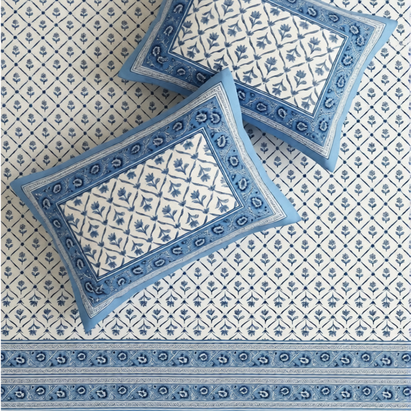 Naksh Royal Sajawat Queen Size Bedsheet - Dusty Blue Lattice Botanical (Dusty Blue)