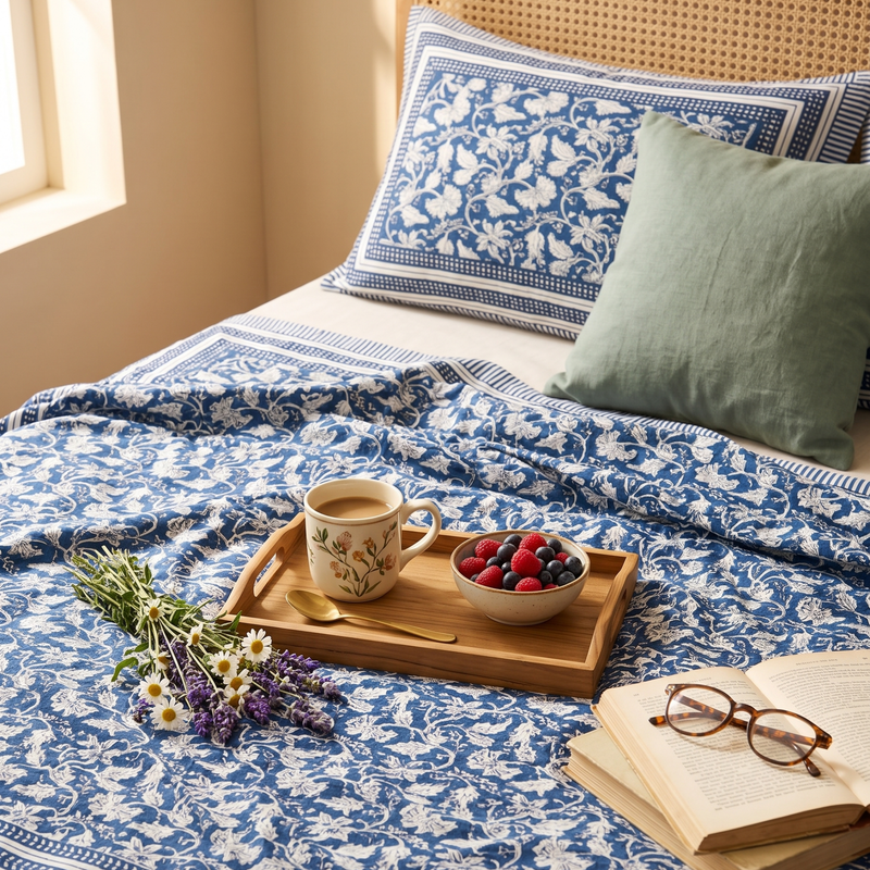 Naksh Royal Sajawat Queen Size Bedsheet - Navy Blue Floral Vine (Navy Blue)