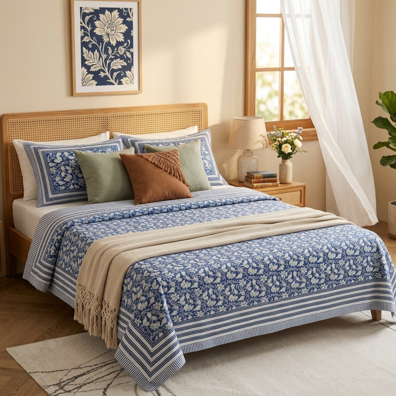 Naksh Royal Sajawat Queen Size Bedsheet - Navy Blue Floral Vine (Navy Blue)