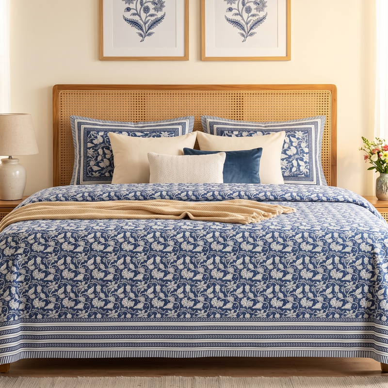 Naksh Royal Sajawat Queen Size Bedsheet - Navy Blue Floral Vine (Navy Blue)