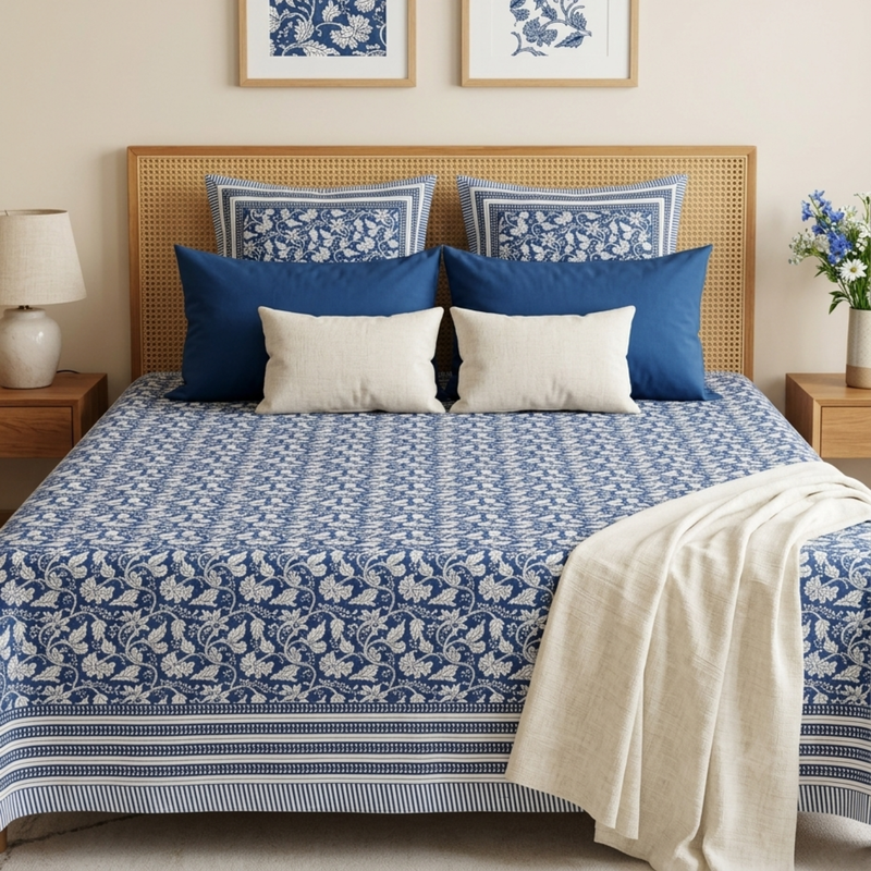 Naksh Royal Sajawat Queen Size Bedsheet - Navy Blue Floral Vine (Navy Blue)
