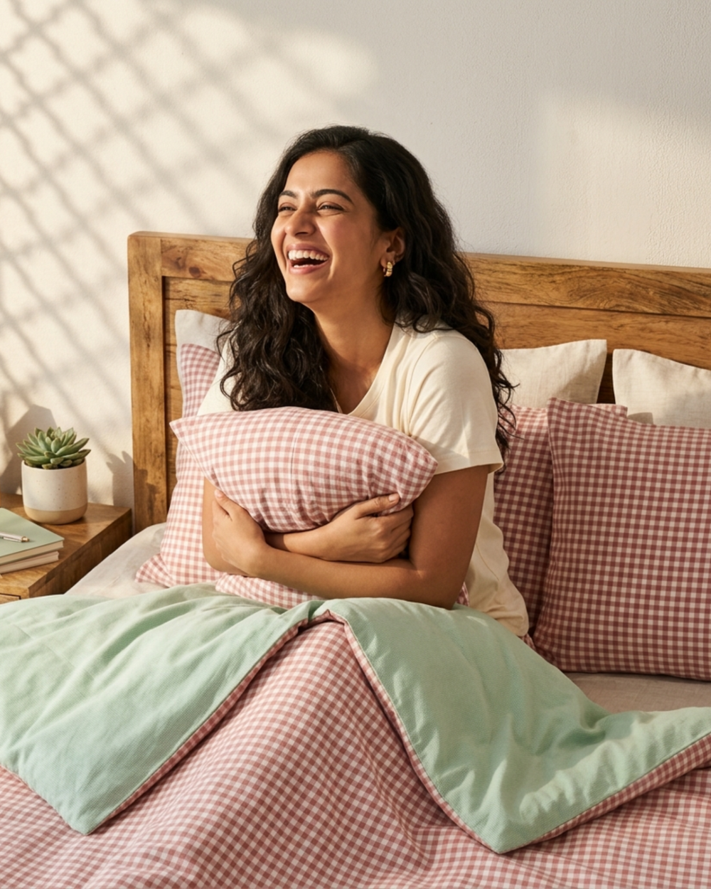 Seoul Soul gingham dohar on a made bed