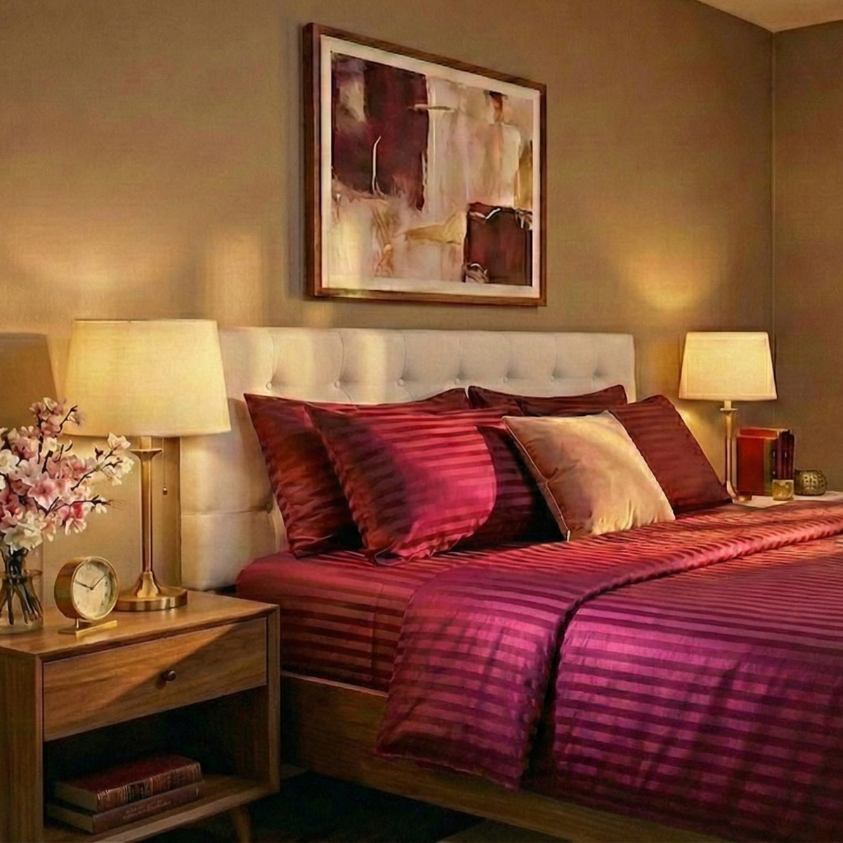 Naksh Stripes Cotton Bedsheet - Wine (210 TC)