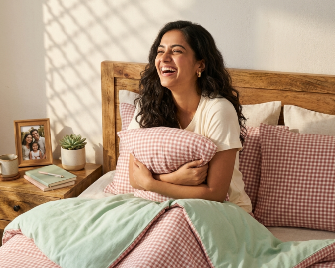 Seoul Soul gingham dohar on a made bed